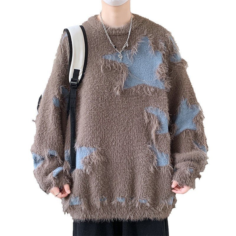 Ripped Sweater Men Loose Crew Neck Knit Bottom Shirt - Image 8