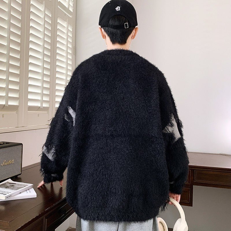 Ripped Sweater Men Loose Crew Neck Knit Bottom Shirt - Image 10