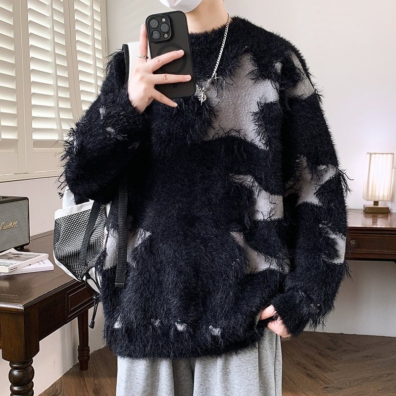 Ripped Sweater Men Loose Crew Neck Knit Bottom Shirt - Image 11