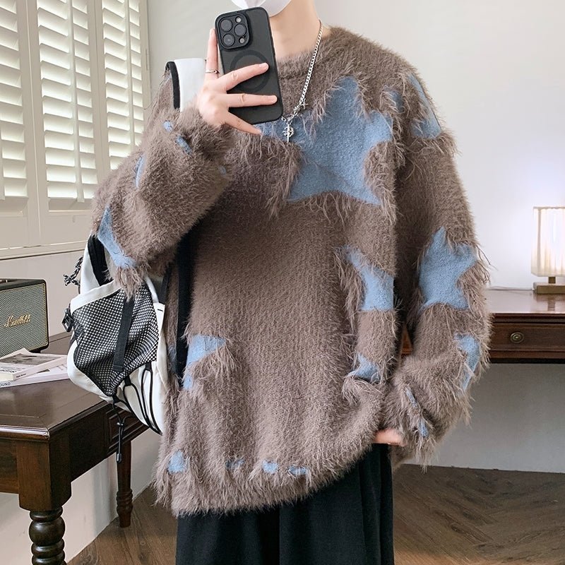 Ripped Sweater Men Loose Crew Neck Knit Bottom Shirt - Image 12