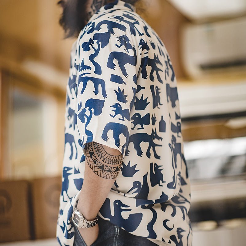 Men Vintage Short Sleeve Indian Totem Flower Shirts - Image 2