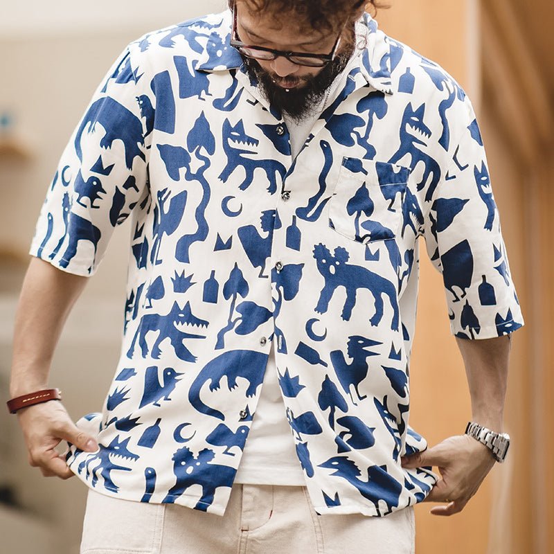 Men Vintage Short Sleeve Indian Totem Flower Shirts - Image 3