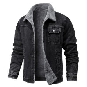 Men Winter Black Denim Jackets Fleece Warm Coats