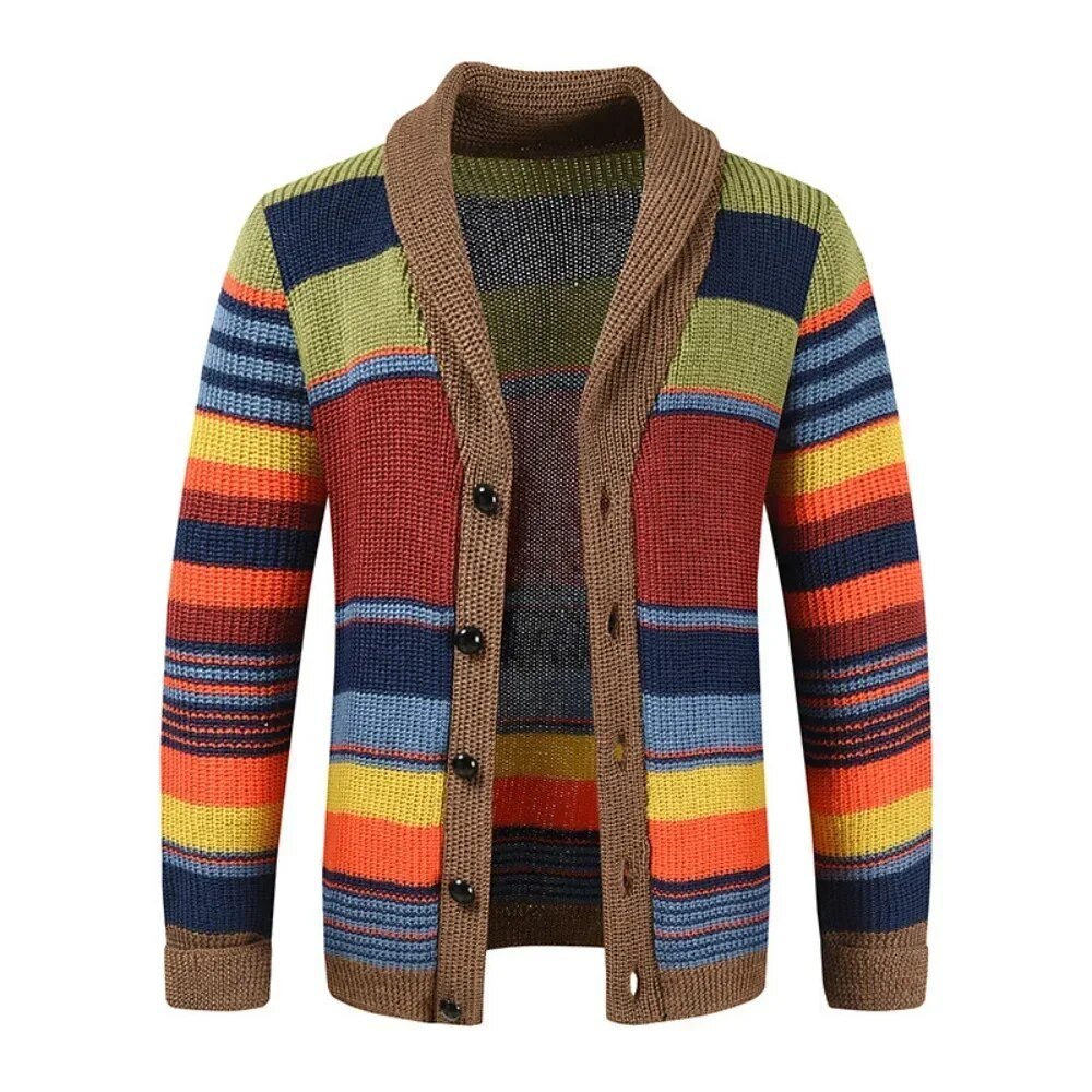 Men's Autumn Winter Cardigans Rainbow Stripe Pattern Coat - Image 2