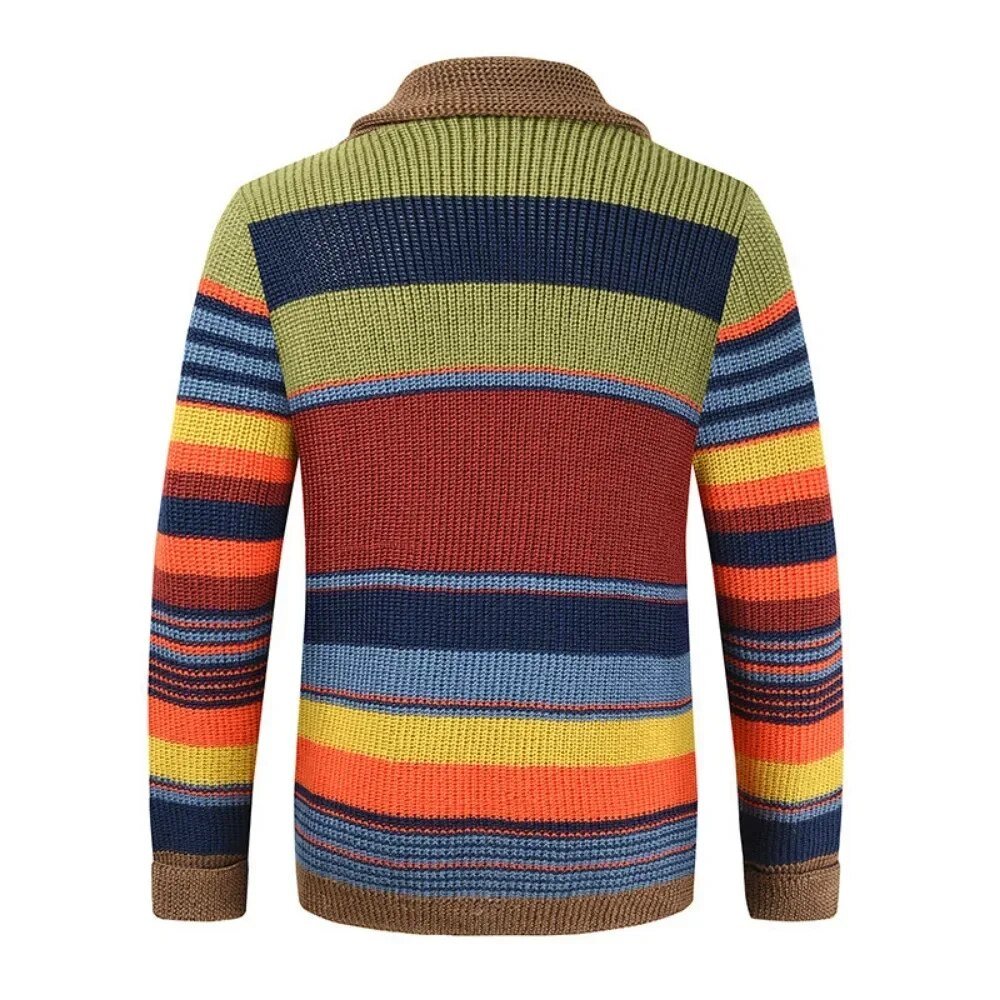 Men's Autumn Winter Cardigans Rainbow Stripe Pattern Coat - Image 3