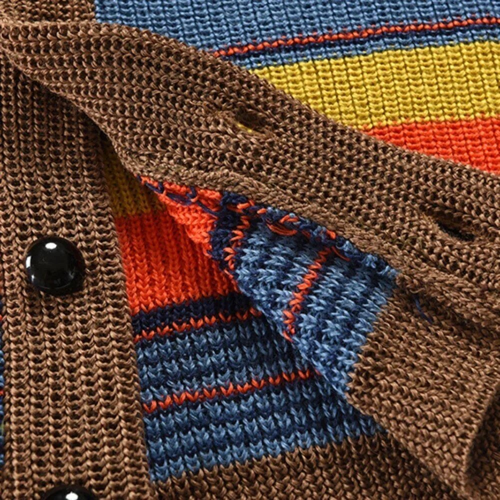 Men's Autumn Winter Cardigans Rainbow Stripe Pattern Coat - Image 6