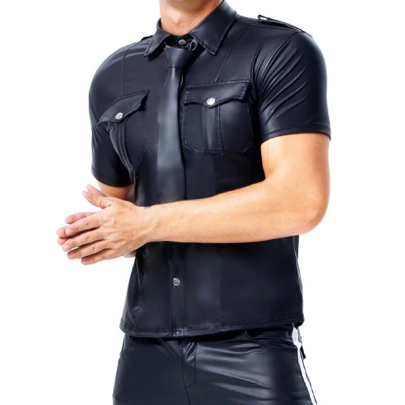 Men's PU Leather T-shirt | Turn-down Collar Button Tee Shirt - Image 3