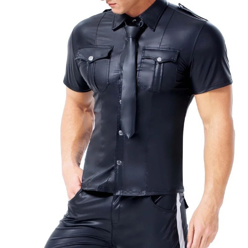 Men's PU Leather T-shirt | Turn-down Collar Button Tee Shirt - Image 4