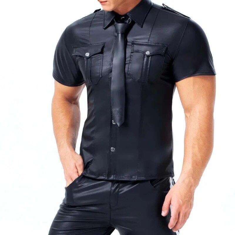 Men's PU Leather T-shirt | Turn-down Collar Button Tee Shirt - Image 9