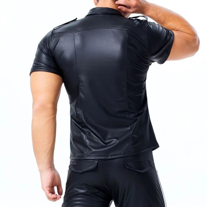 Men's PU Leather T-shirt | Turn-down Collar Button Tee Shirt - Image 10