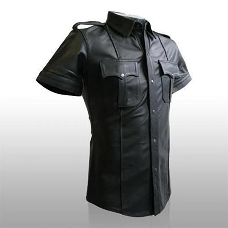 Men's PU Leather T-shirt | Turn-down Collar Button Tee Shirt - Image 11
