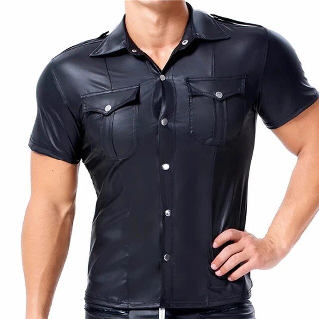 Men's PU Leather T-shirt | Turn-down Collar Button Tee Shirt - Image 12