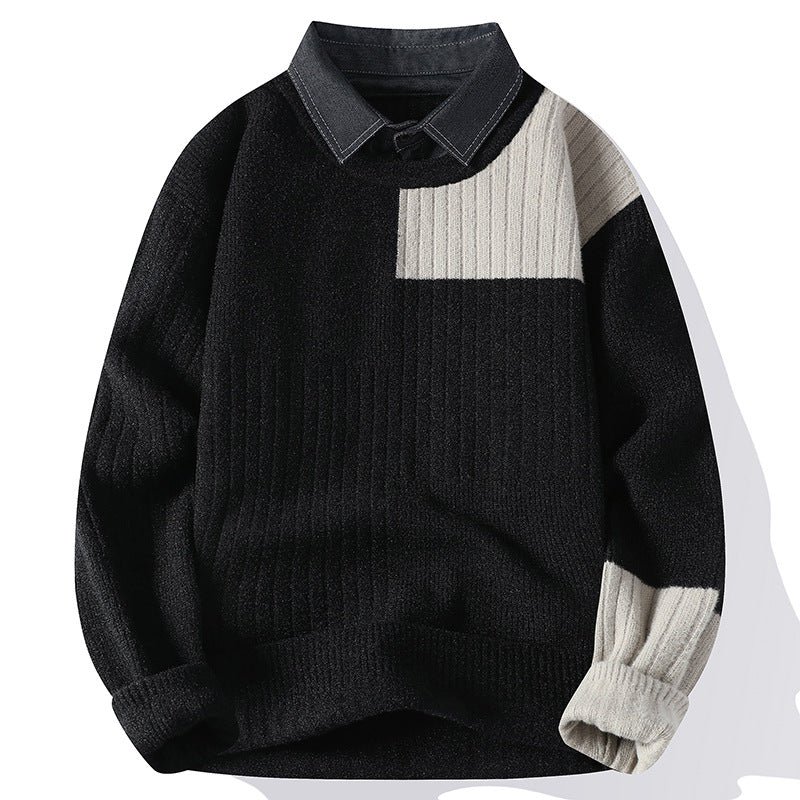 Spring Autumn Fake Two Piece Knit Pullovers Knitted Sweater