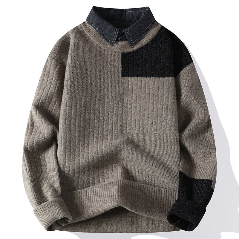 Spring Autumn Fake Two Piece Knit Pullovers Knitted Sweater - Image 2