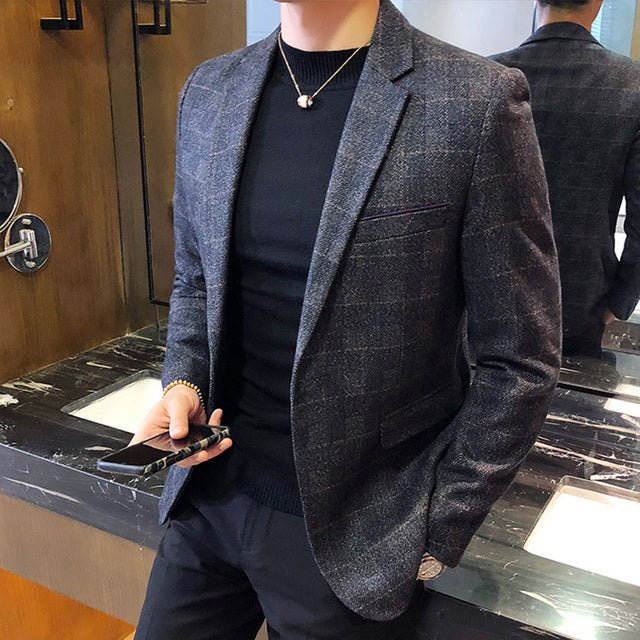 Stylish Men Vintage Plaid Blazer One Button