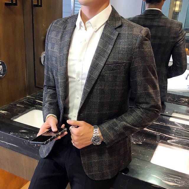 Stylish Men Vintage Plaid Blazer One Button - Image 2