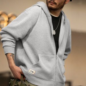 Vintage Gray Waffle Hoodies for Men Hooded Sweatshirts