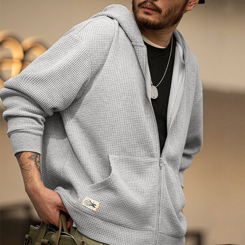 Vintage Gray Waffle Hoodies for Men Hooded Sweatshirts