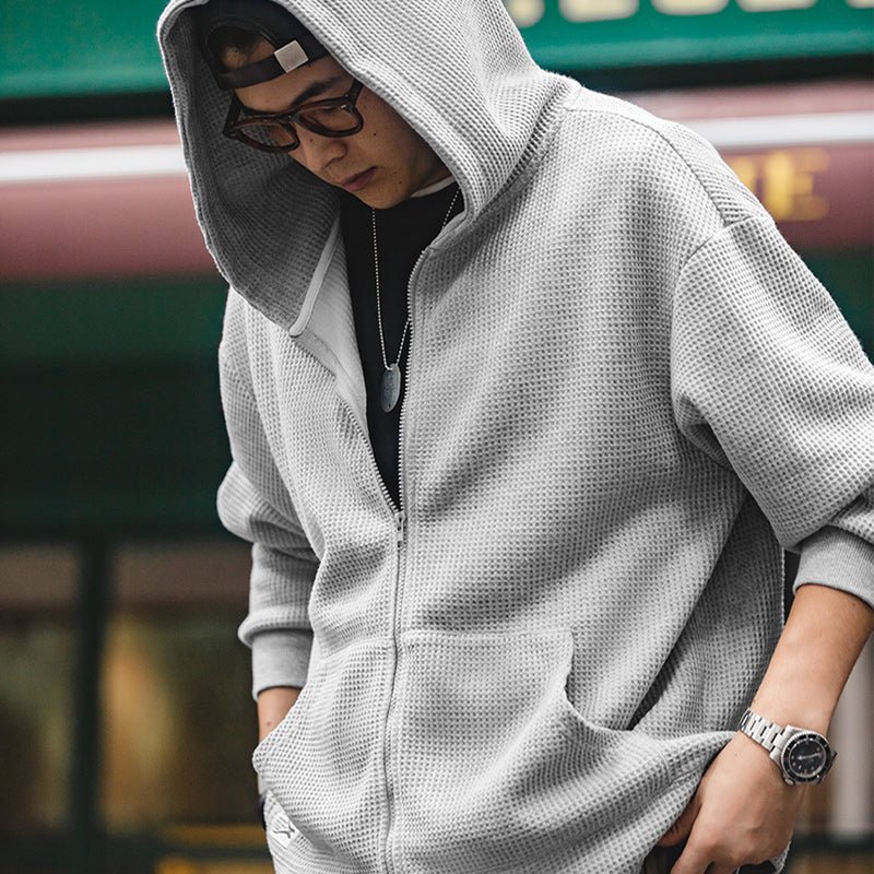 Vintage Gray Waffle Hoodies for Men Hooded Sweatshirts - Image 3
